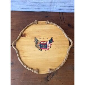 Large Round Wooden Serving Tray Rope Trim Americana (4070)